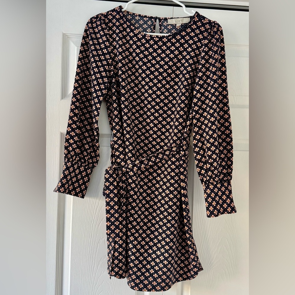 LOFT Navy and Pink Geometric Long Sleeve Dress